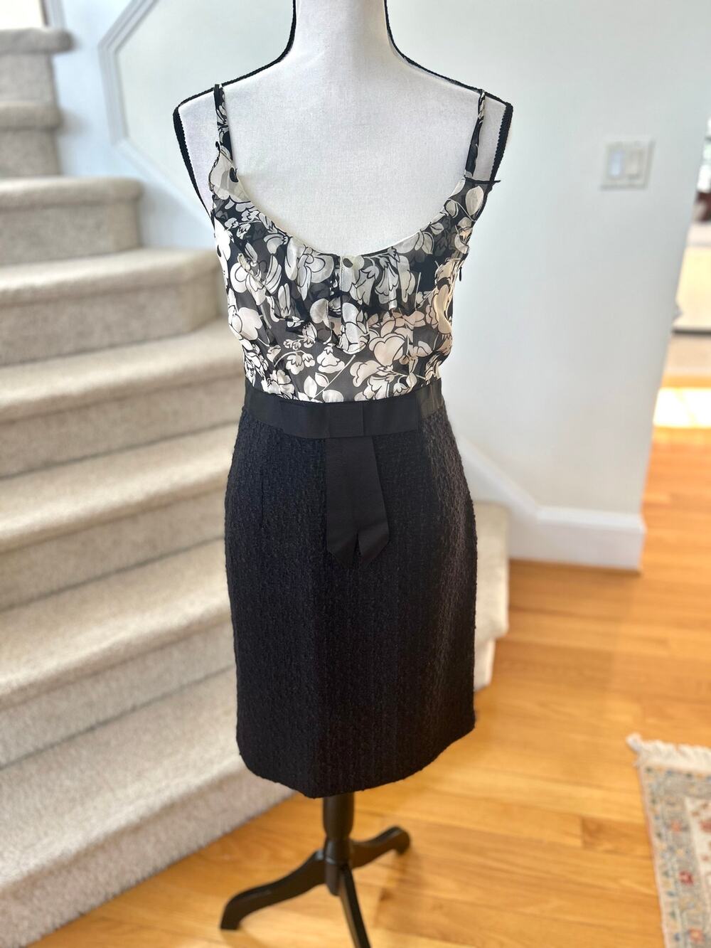 Milly Black & White Silk & Wool Boucle Tweed Sheath Bow Dress Sleeveless Career